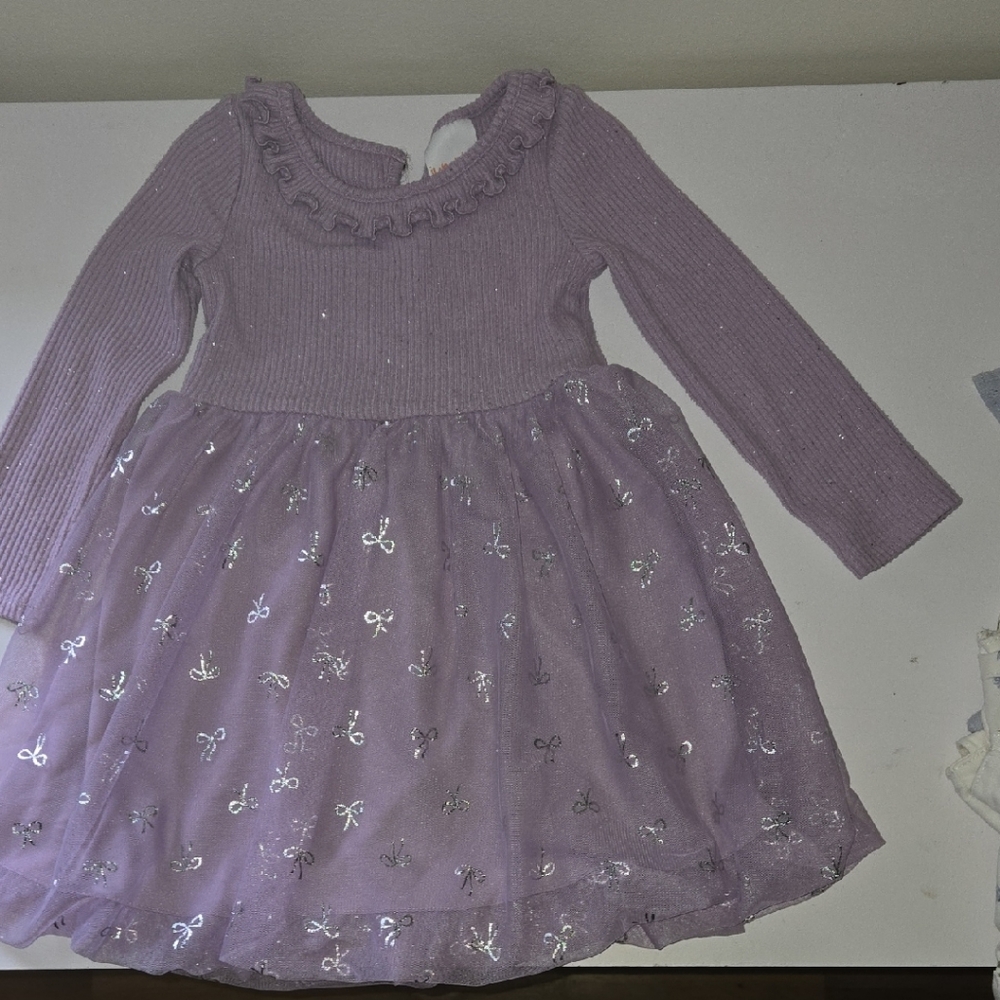 jumping beans Purple Long-Sleeve Tulle Dress with Silver Bow Accents
